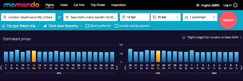 momondo for booking cheap flights to India