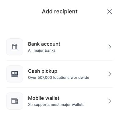 Adding recipients to XE money transfer based on transfer method