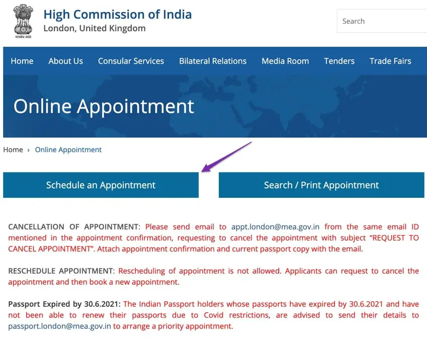 Book VFS appointment on High Commission of India website