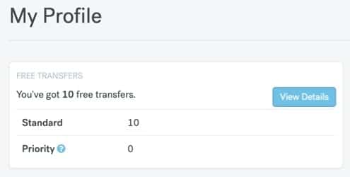 CurrencyFair free transfers shown in account profile.