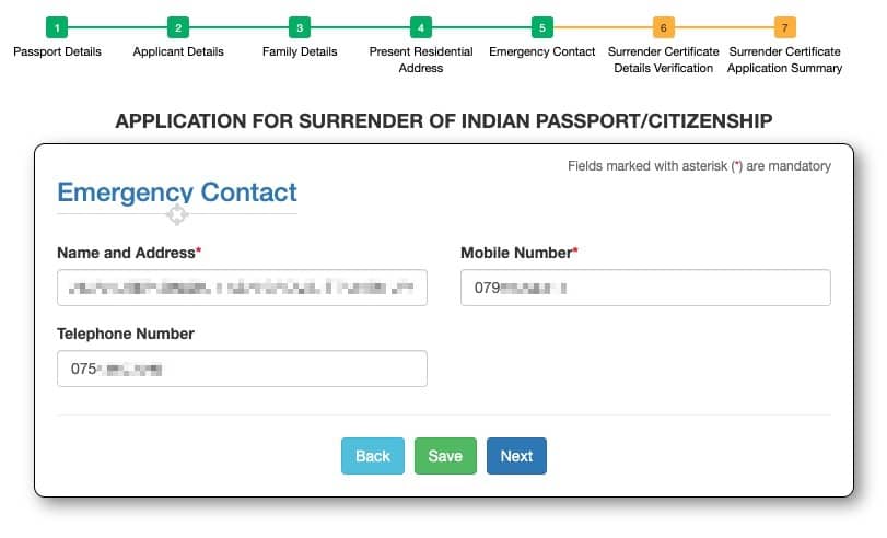 Emergency Contact Details for Indian Passport Surrender Application