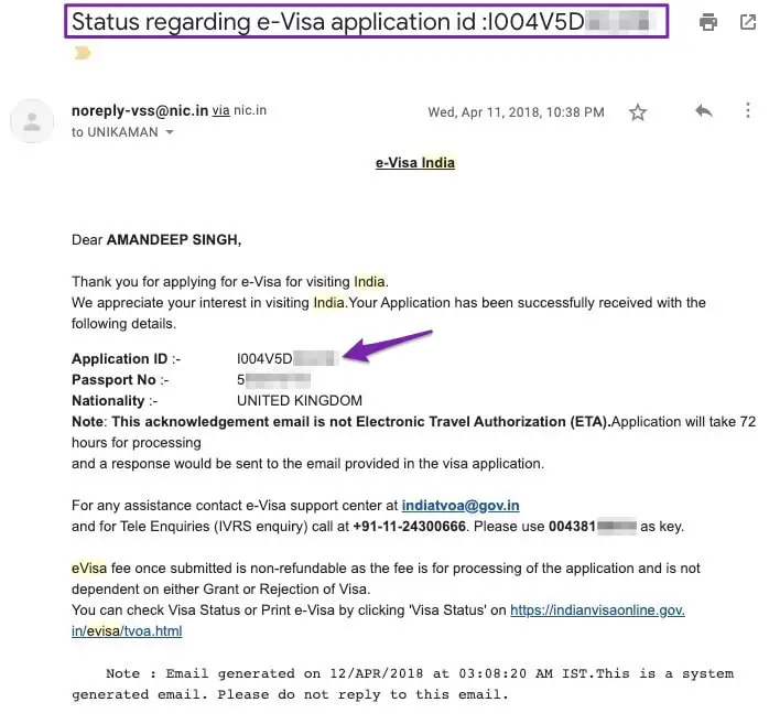 India eVisa application submitted confirmation email