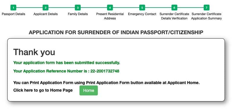 Indian Passport Surrender Application Submitted
