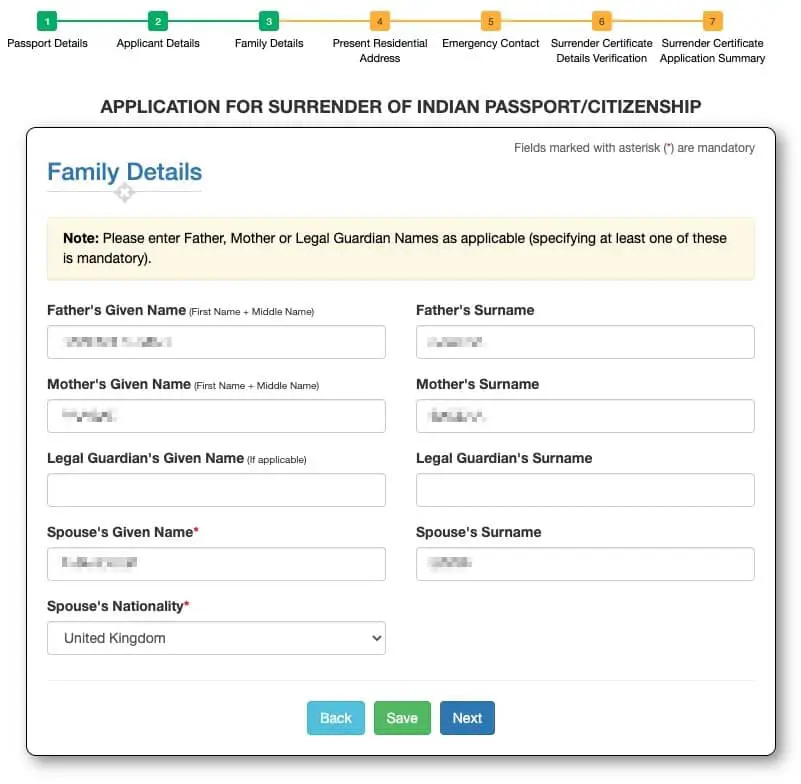 Indian Passport Surrender Family Details