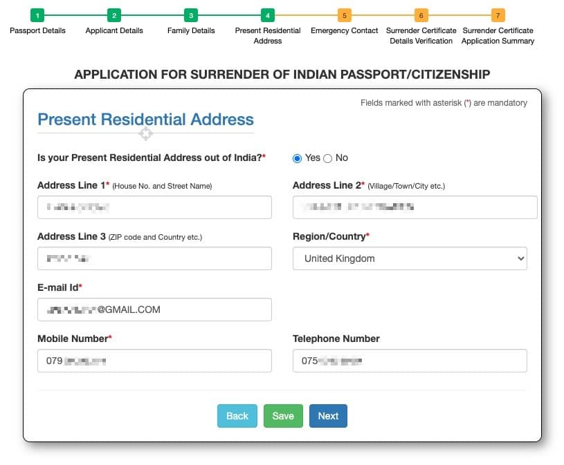 Indian Passport Surrender Present Residential Address