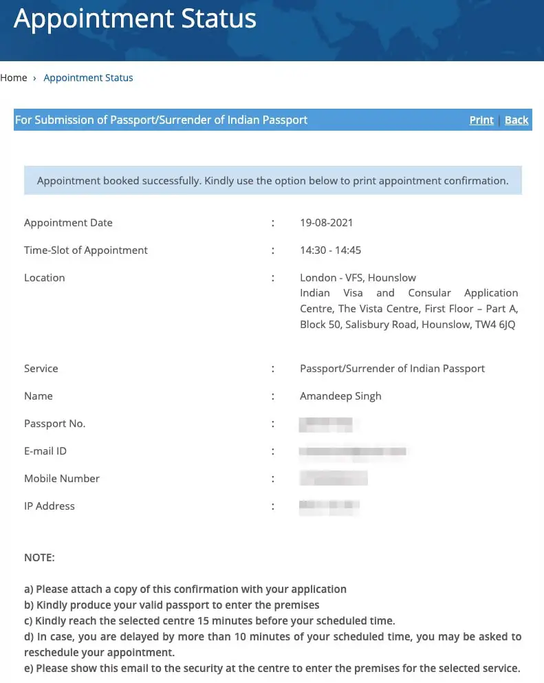 Indian passport surrender VFS Appointment Status Confirmation