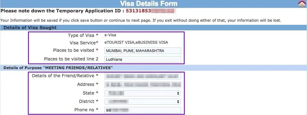 Indian e visa application details of visa sought