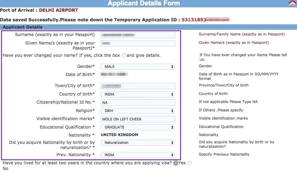 Indian eVisa Applicant Details