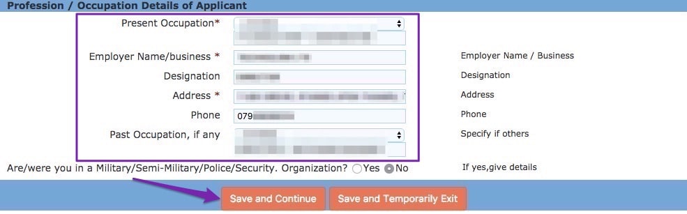 Indian eVisa Application Occupation Details