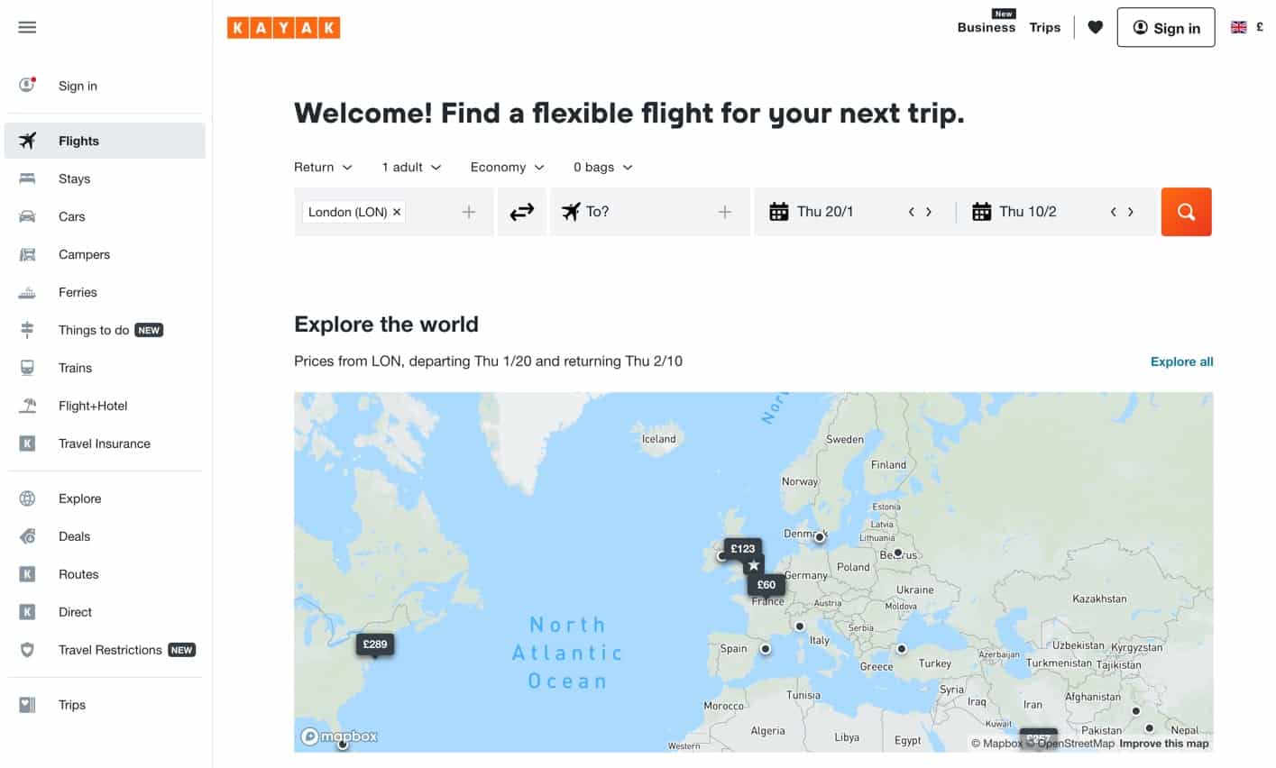 Kayak Website Flight Comparison page