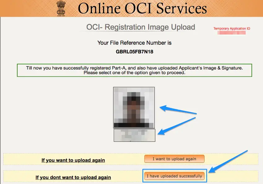 OCI Card UK Registration - Image and Signature Upload Success