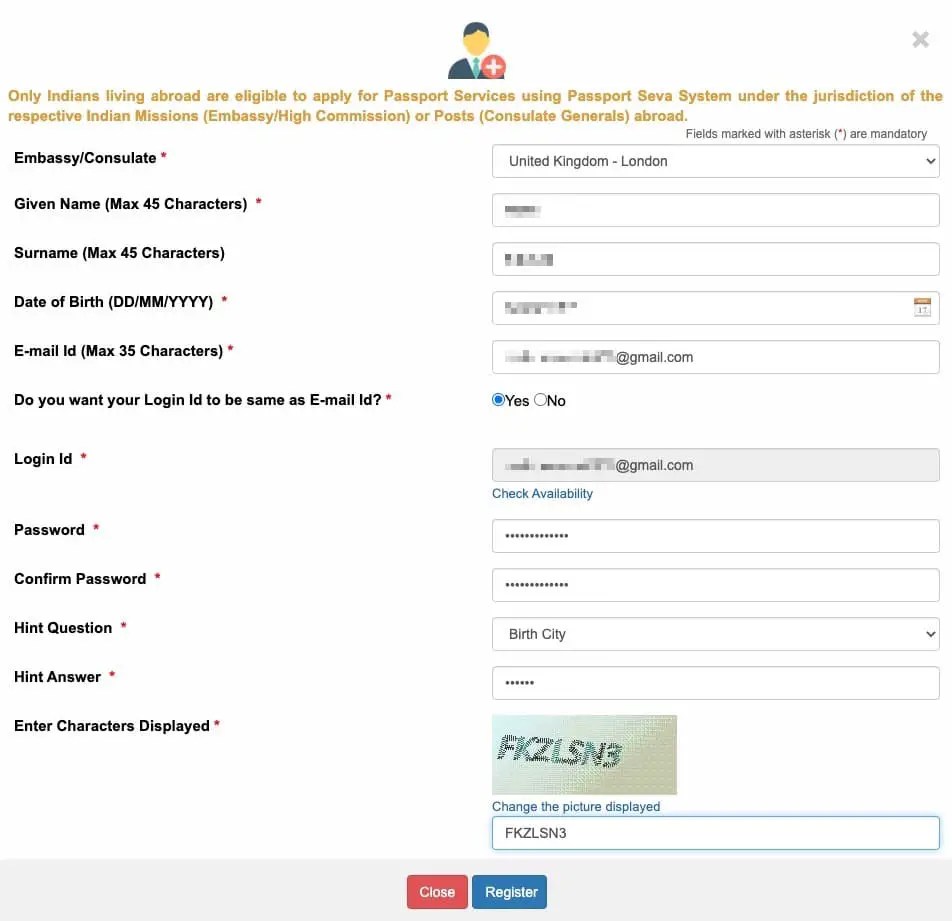 Passport Seva Account Registration