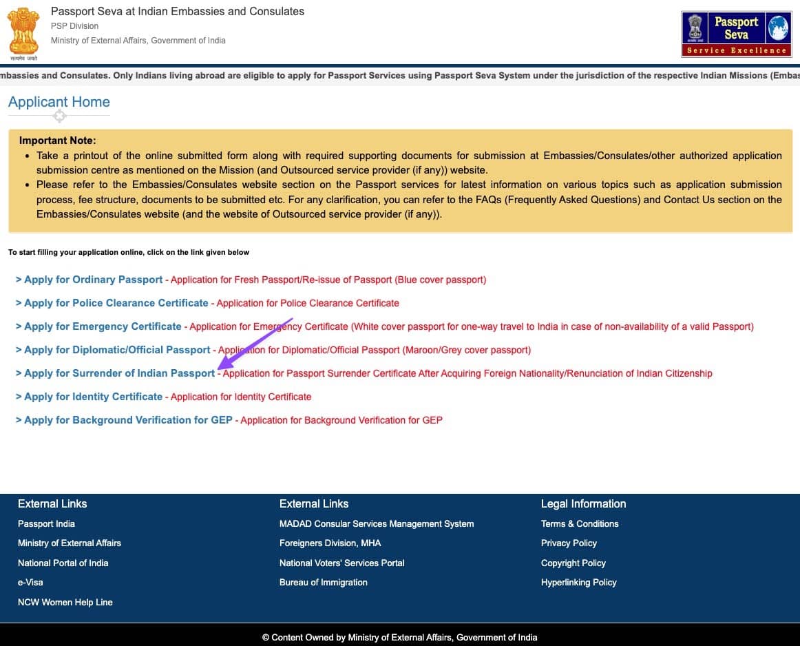 Passport Seva Webstite Logged In