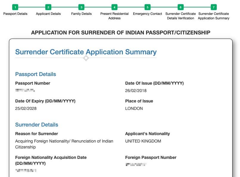 Passport Surrender Application Summary 2