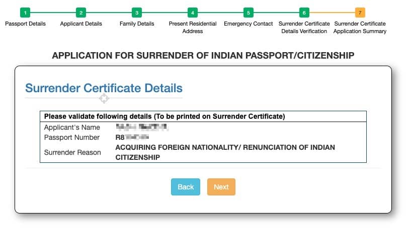 Review Surrender Certificate Details