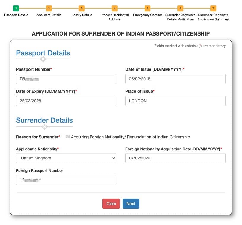 Passport and Surrender Details