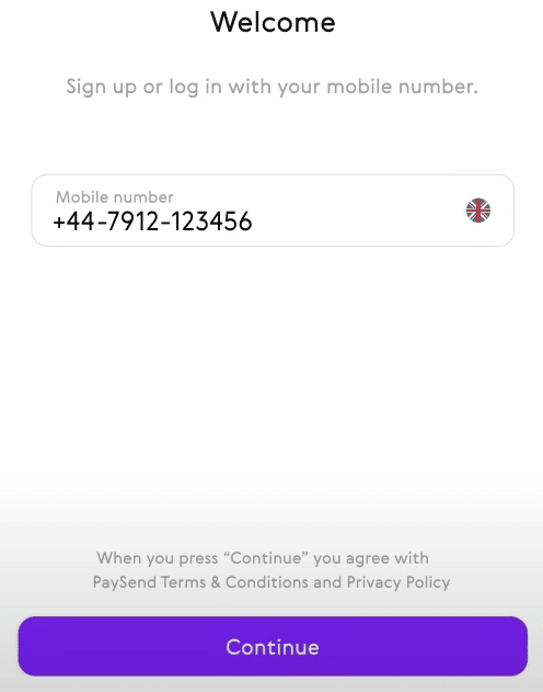 Paysend website page to sign up using mobile number
