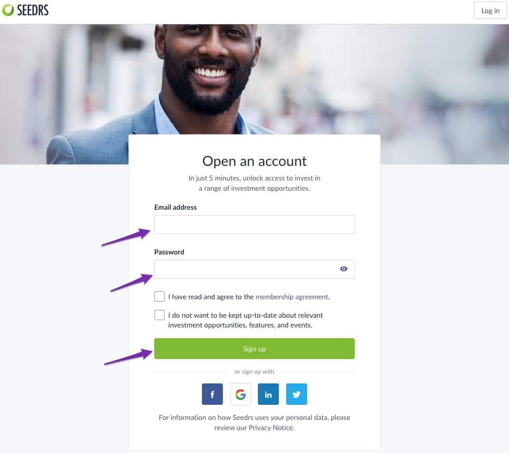 Seedrs account sign up screen