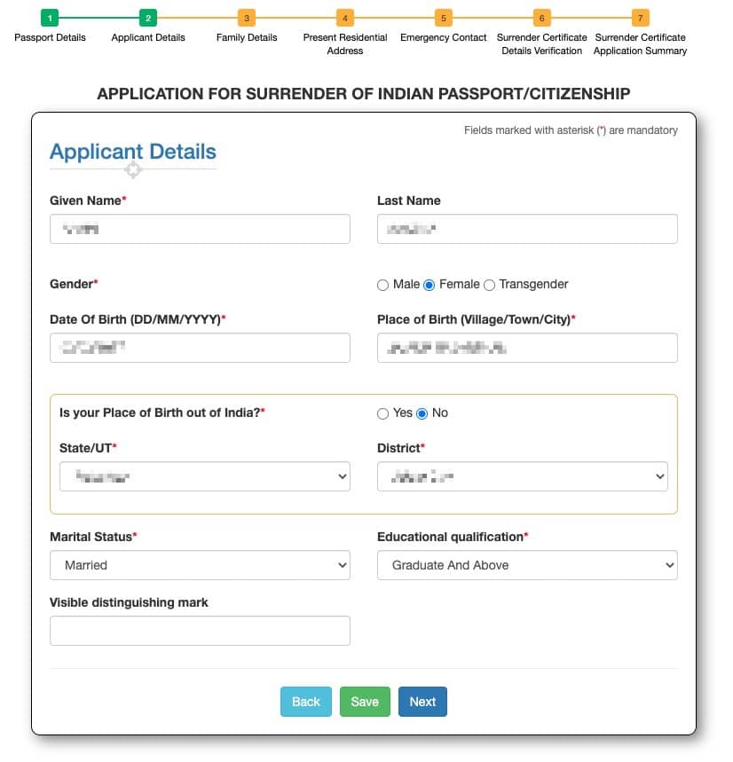 Applicant Details screen on Indian passport surrender application