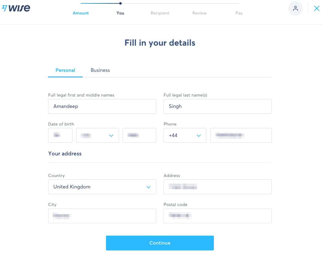 TransferWise Money Transfer - Enter personal details