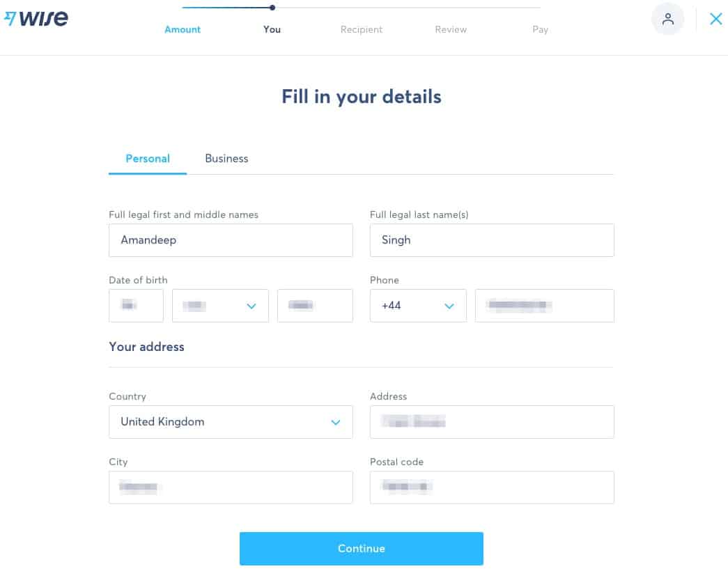 TransferWise Enter personal details