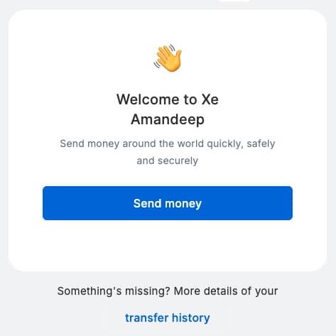 XE Account screen to initiate money transfer