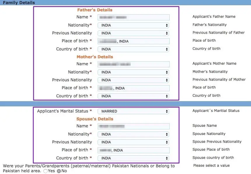 eVisa Application Form Family Details