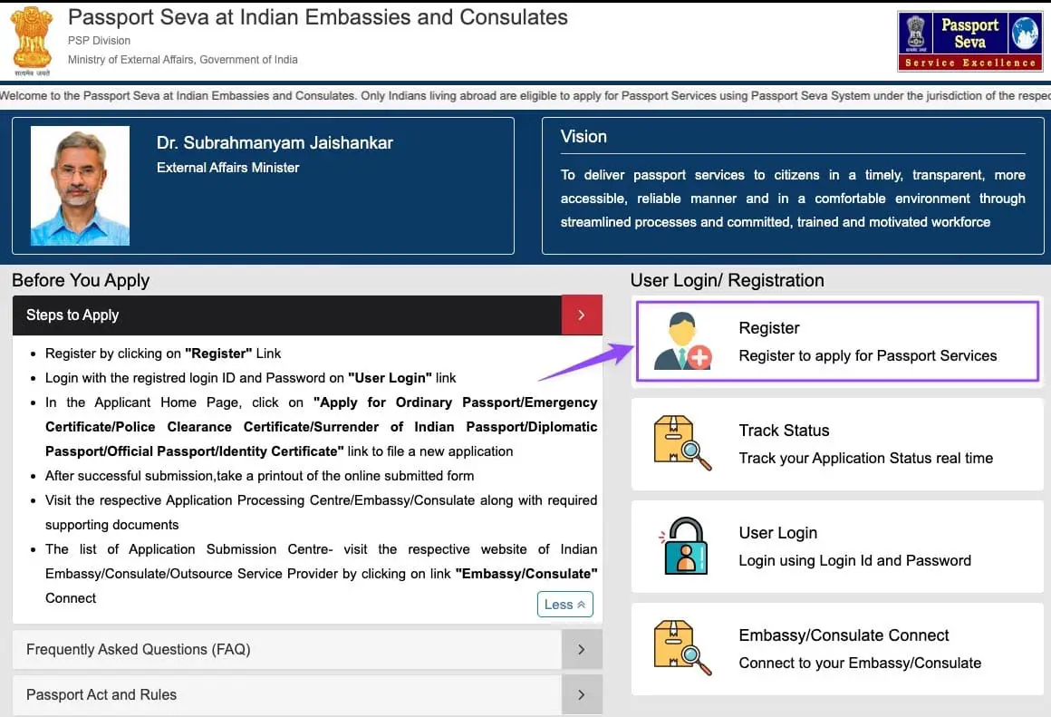 passport seva portal - register to apply for passport services