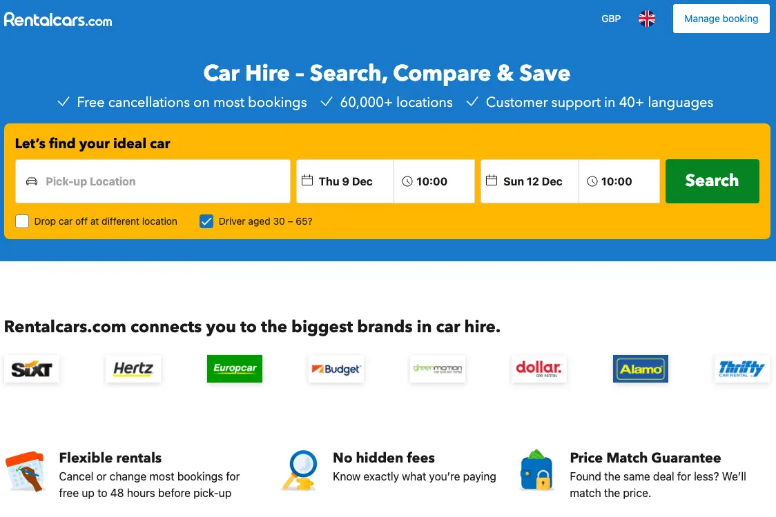 RentalCars.com website to compare car hire