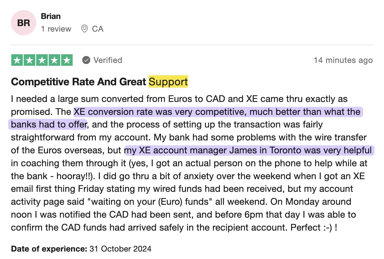 trustpilot review for xe.com on customer support and competitive