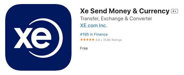 XE money transfer app on the Apple App Store for iOS devices (iPhone and iPad)
