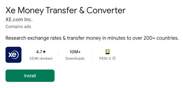 XE money transfer app listing on Google Play for Android devices