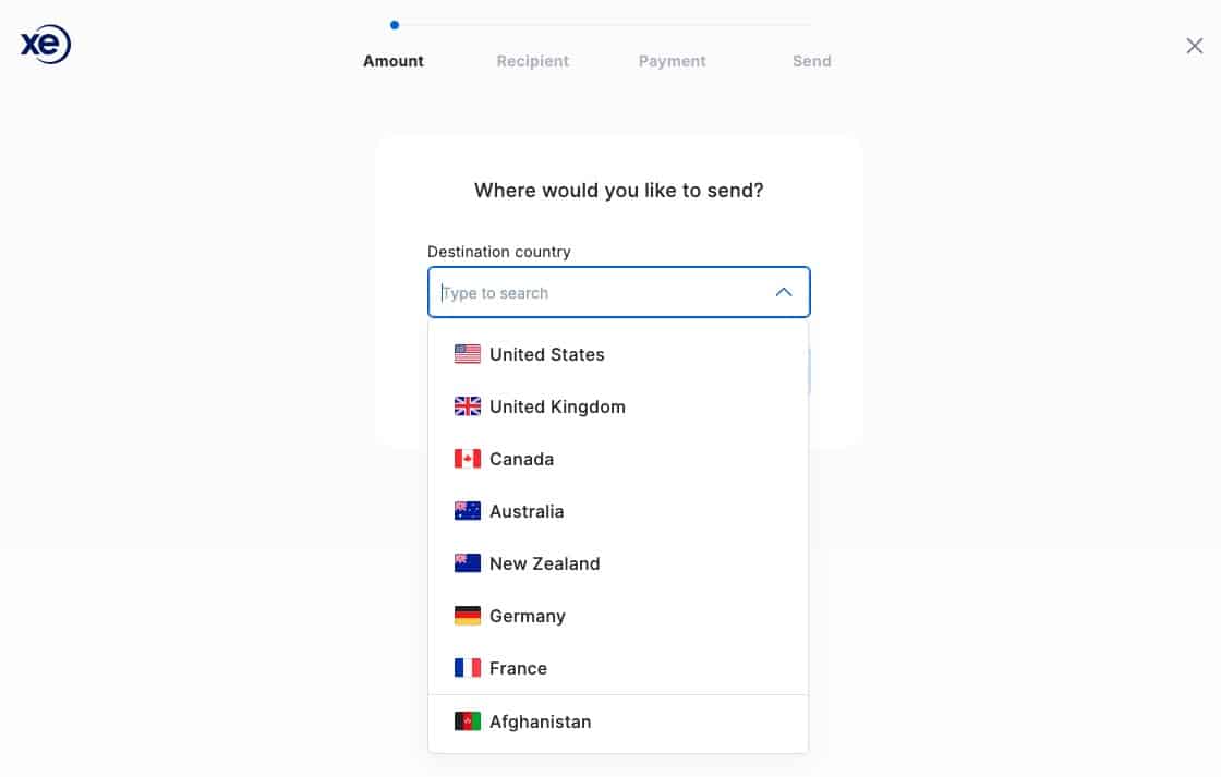 xe select destination country to send money abroad