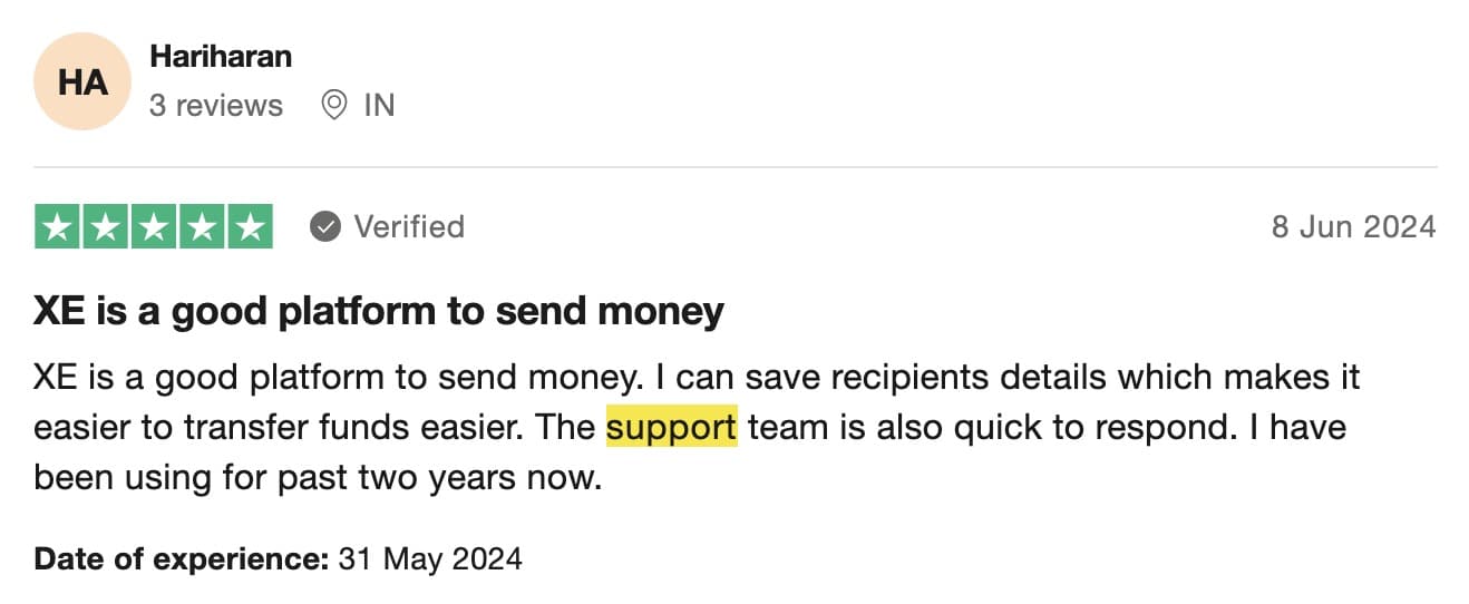 xe.com trustplilot review on customer support and platform